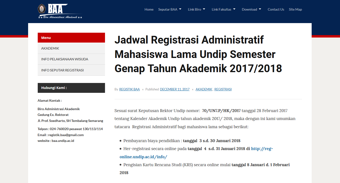 Jadwal Registrasi Administratif Mahasiswa Lama Undip Semester Genap Tahun Akademik 2017/2018