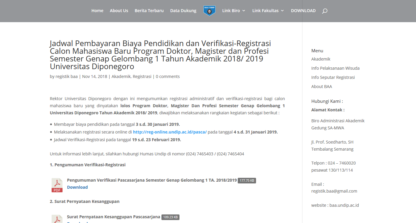 Jadwal Pembayaran Biaya Pendidikan dan Verifikasi-Registrasi Calon Mahasiswa Baru Program Doktor, Magister dan Profesi Semester Genap Gelombang 1 Tahun Akademik 2018/ 2019 Universitas Diponegoro
