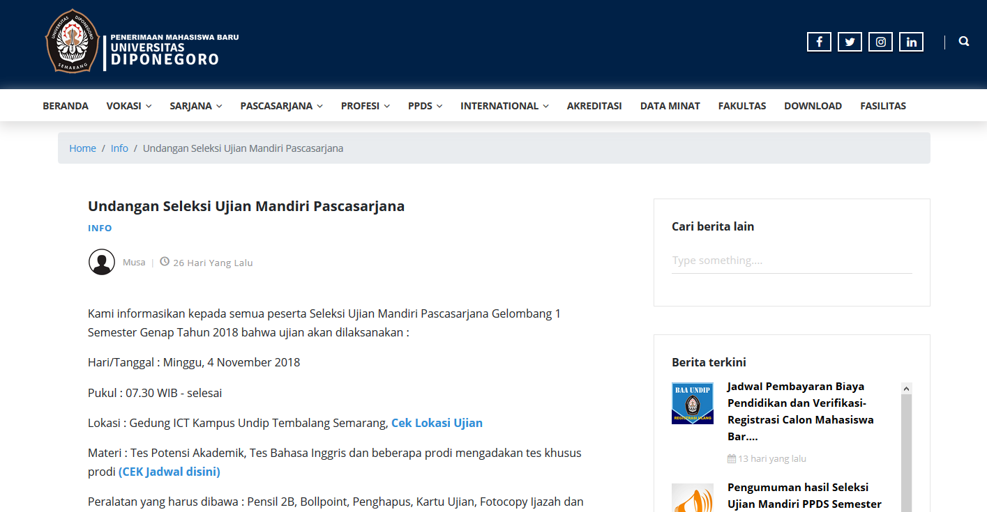 Undangan Seleksi Ujian Mandiri Pascasarjana