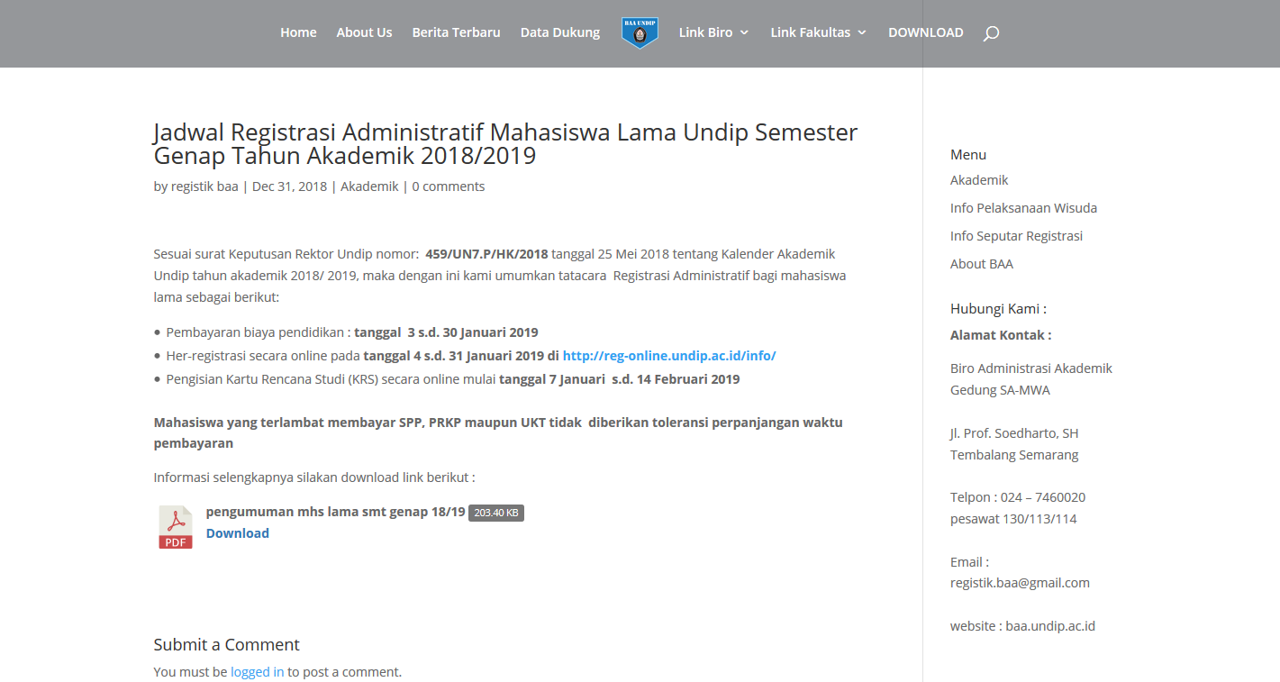 Jadwal Registrasi Administratif Mahasiswa Lama Undip Semester Genap Tahun Akademik 2018/2019